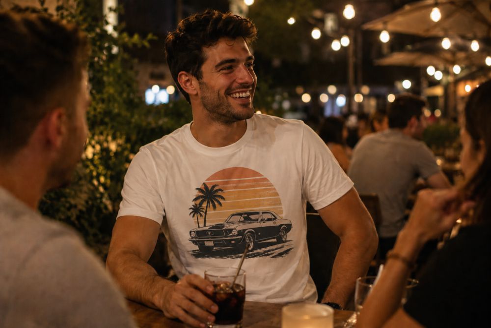 Muškarac u beloj majici sa retro printom sedi u restoranu tokom večernjeg izlaska